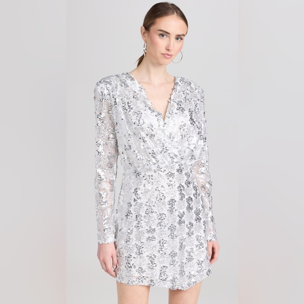 Amanda Uprichard Contessa Mini Long Sleeve V Neck Dress Silver Sequin Small